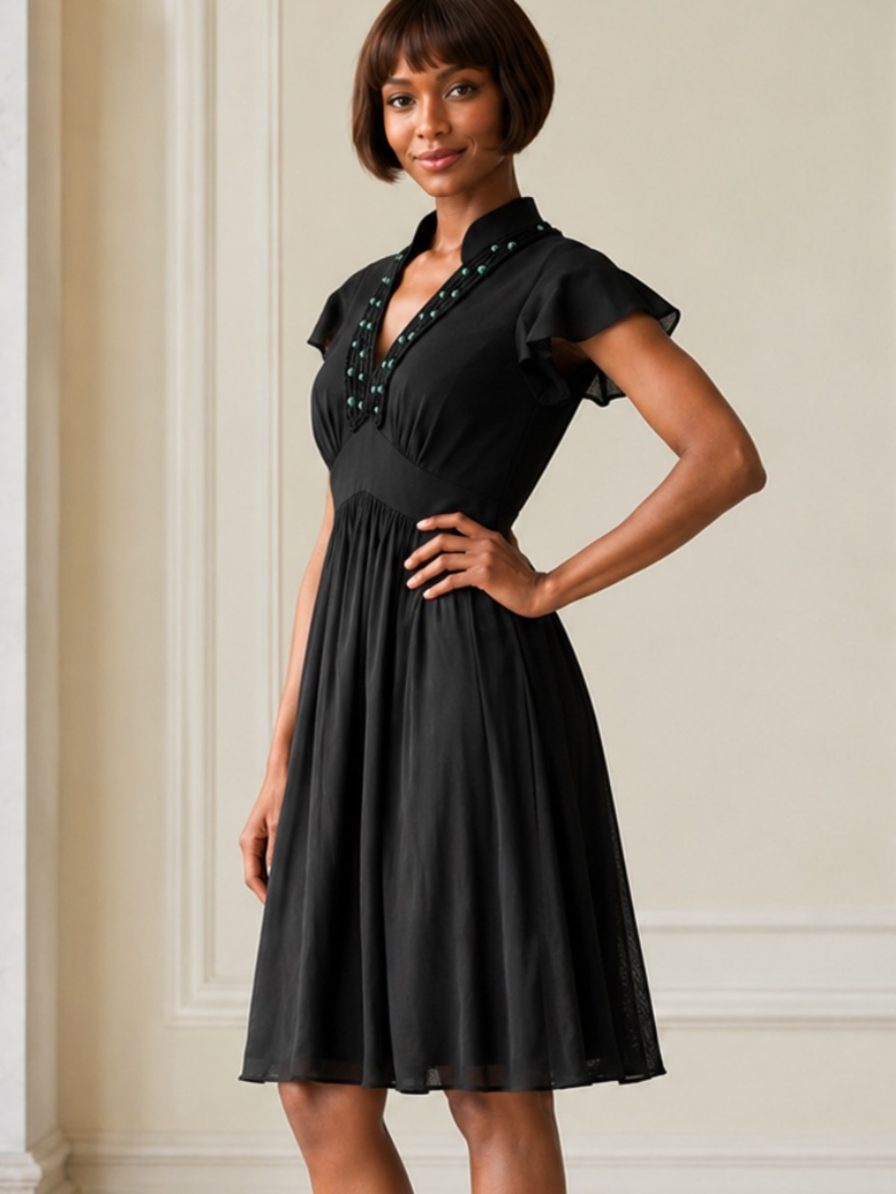Shanghai Tang | 100% Silk Black Dress with Beaded Neckline | Size XS-S